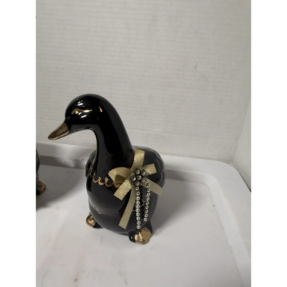 VTG Black Gold Ceramic Ducks Set Animal Figurines Made In Taiwan 6